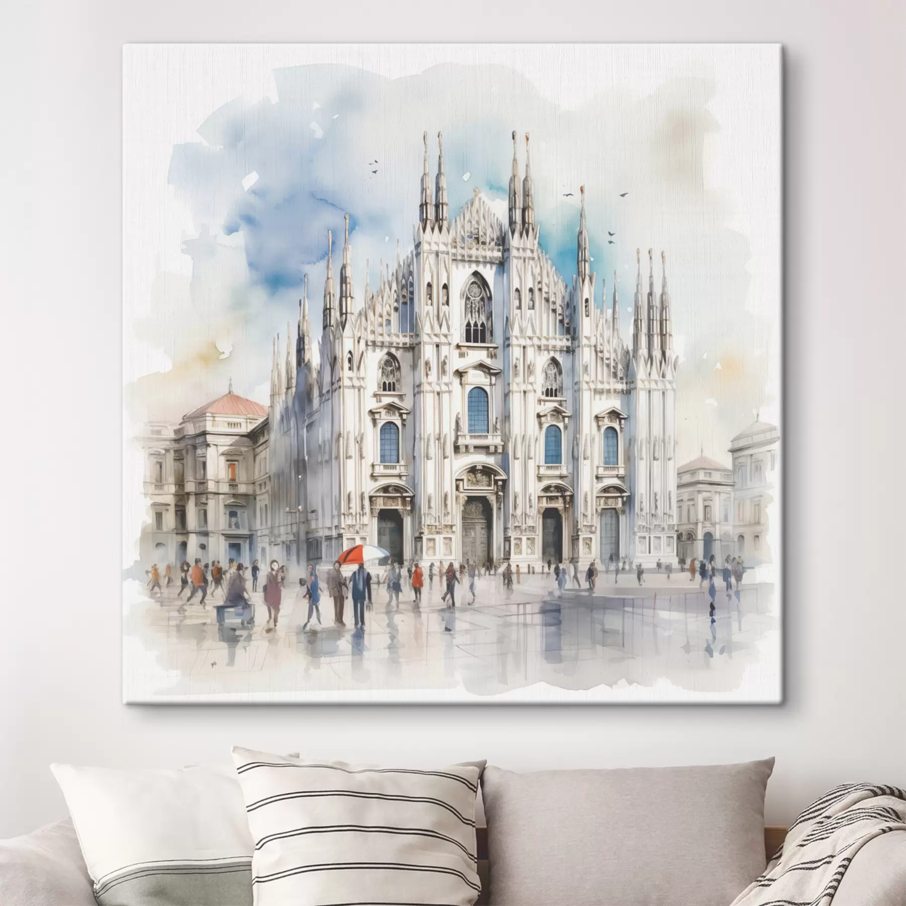  Peintures Cathédrale Duomo de Milan, architecture, ville, pluie, aquarelle, bleu, gris, passants s38938