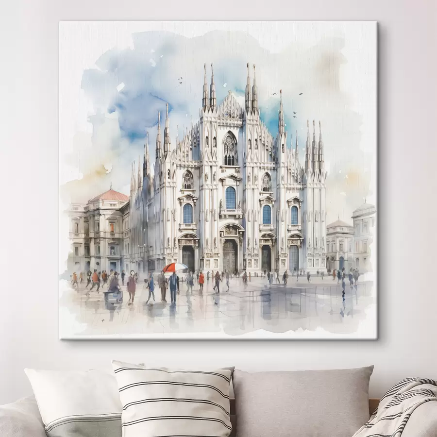  Schilderijen Duomo kathedraal in Milaan, architectuur, stad, regen, aquarel, blauw, grijs, mensen lopen s38938