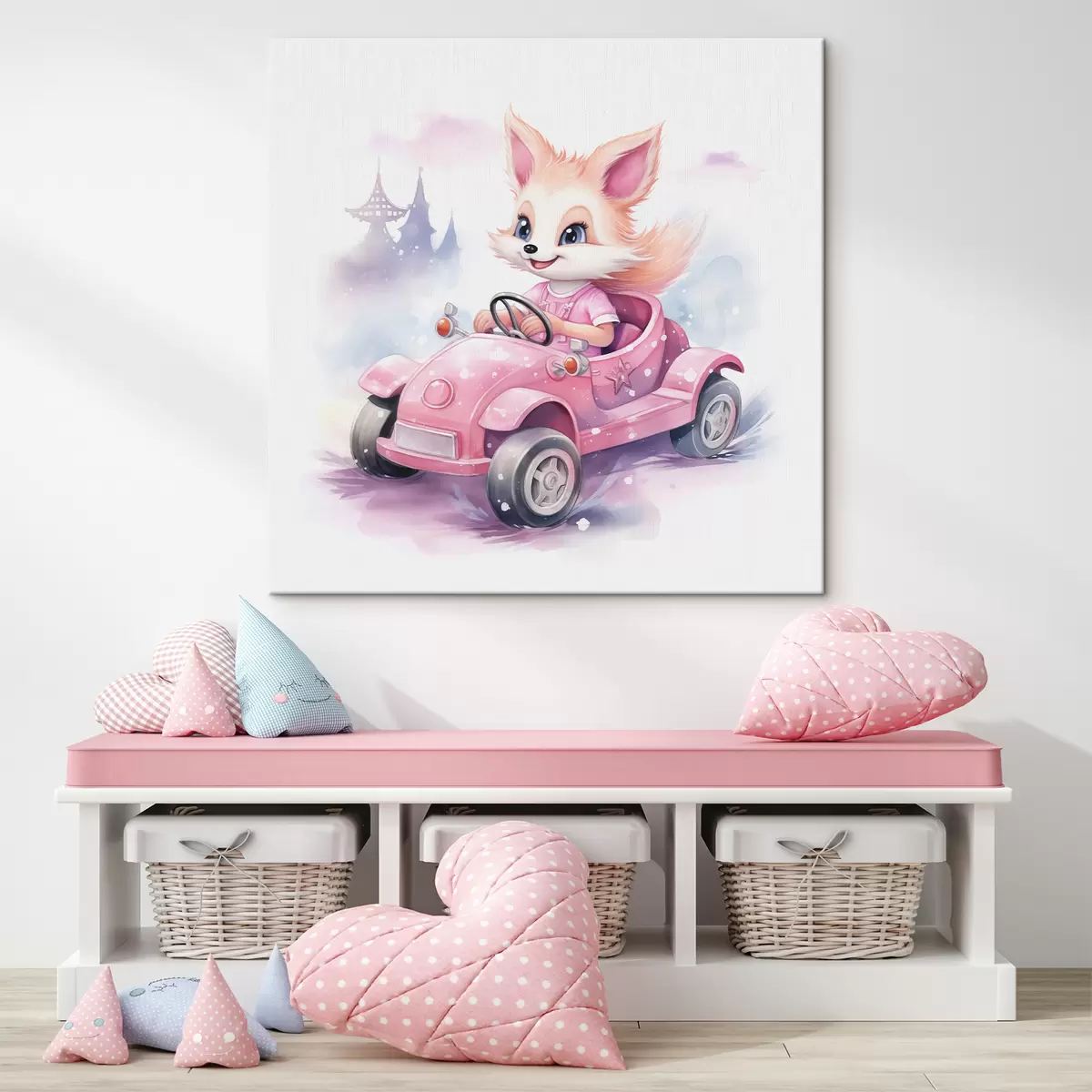  Peintures Un petit renard monte une illustration aquarelle pour enfants dans une voiture rose s38943