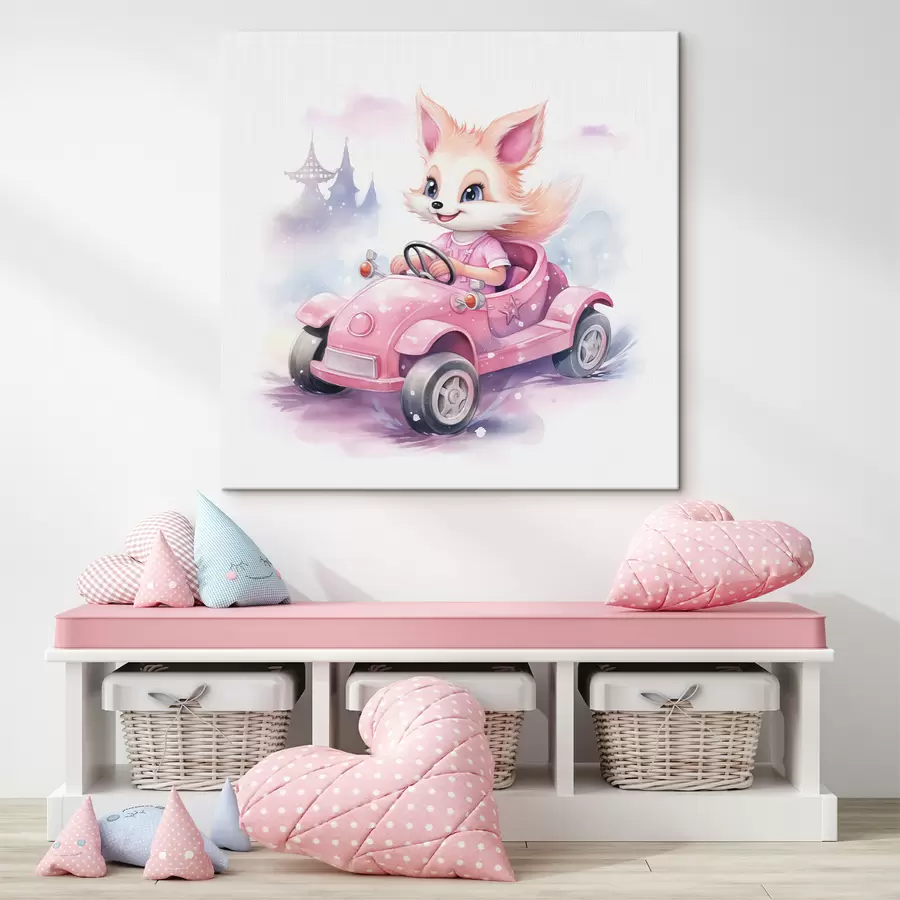  Schilderijen Kleine vos rijdt in een roze auto kinder aquarel illustratie s38943
