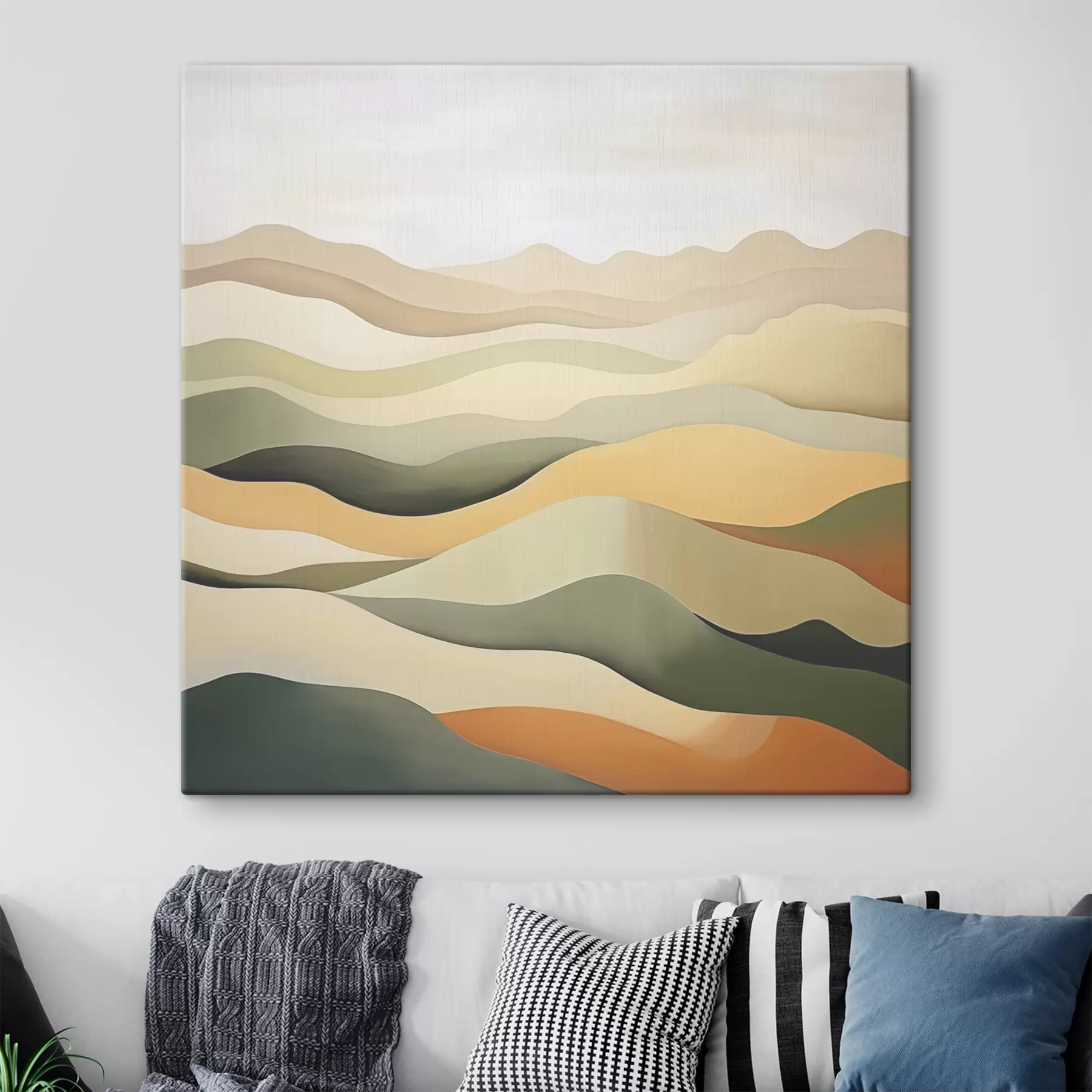 Papier peint photo Collines, paysage abstrait, gouache, vert, ocre, sépia, gris s38952