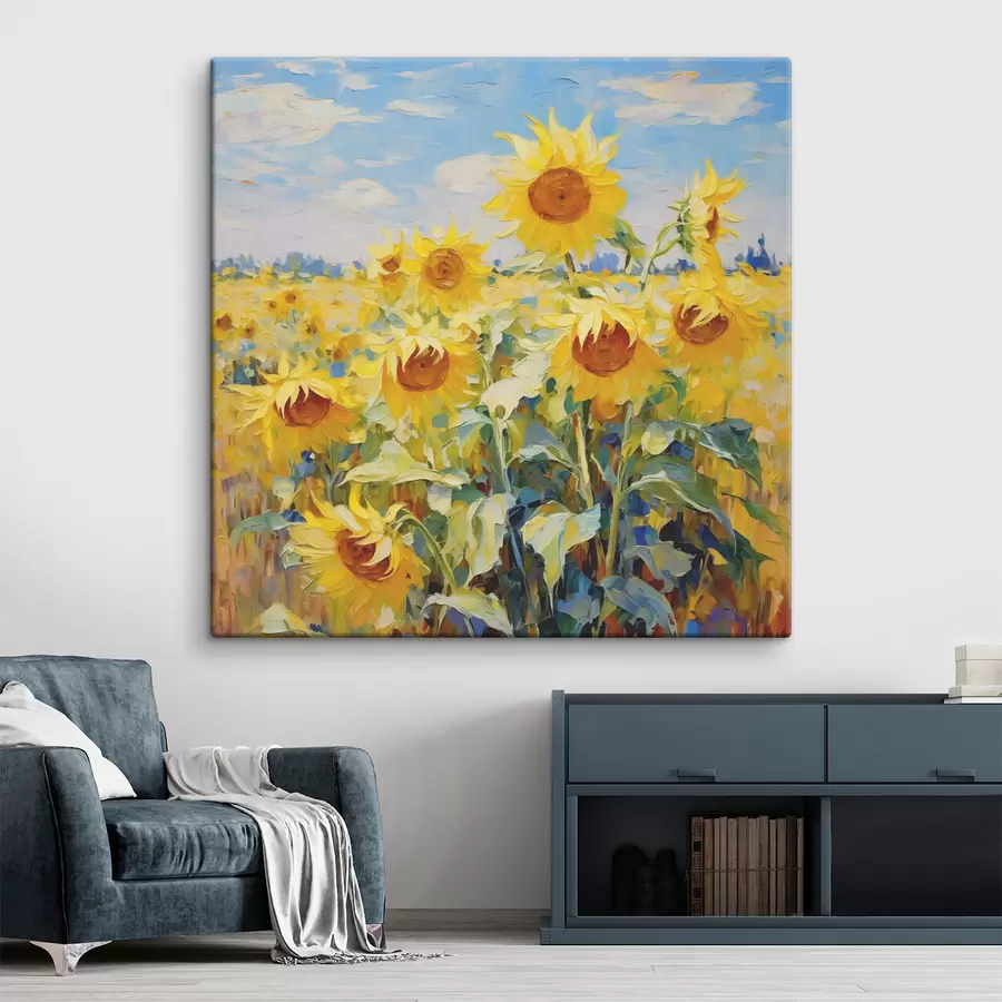  Peintures Champ de peinture à l'huile de tournesols, couleur jaune et bleue s38953
