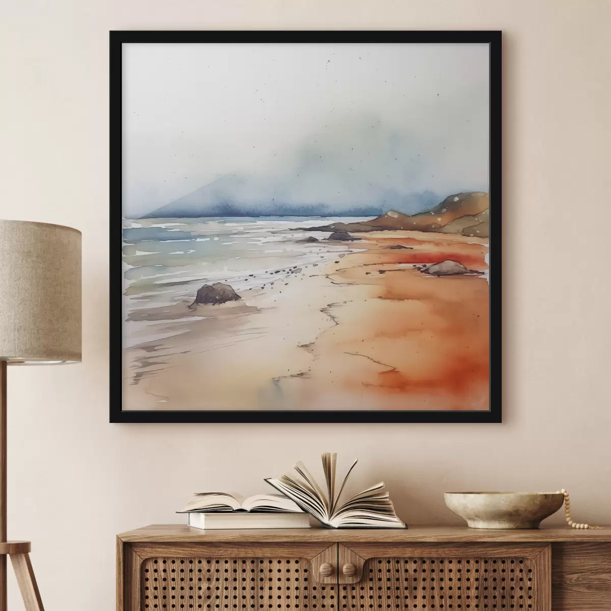 Poster Zee en strand, regen, aquarel, vlekken, landschap, landschap, blauw, oranje kleur f38936
