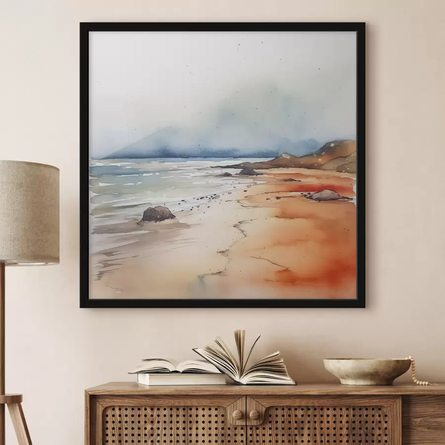 Fotobehang Zee en strand, regen, aquarel, vlekken, landschap, landschap, blauw, oranje kleur f38936