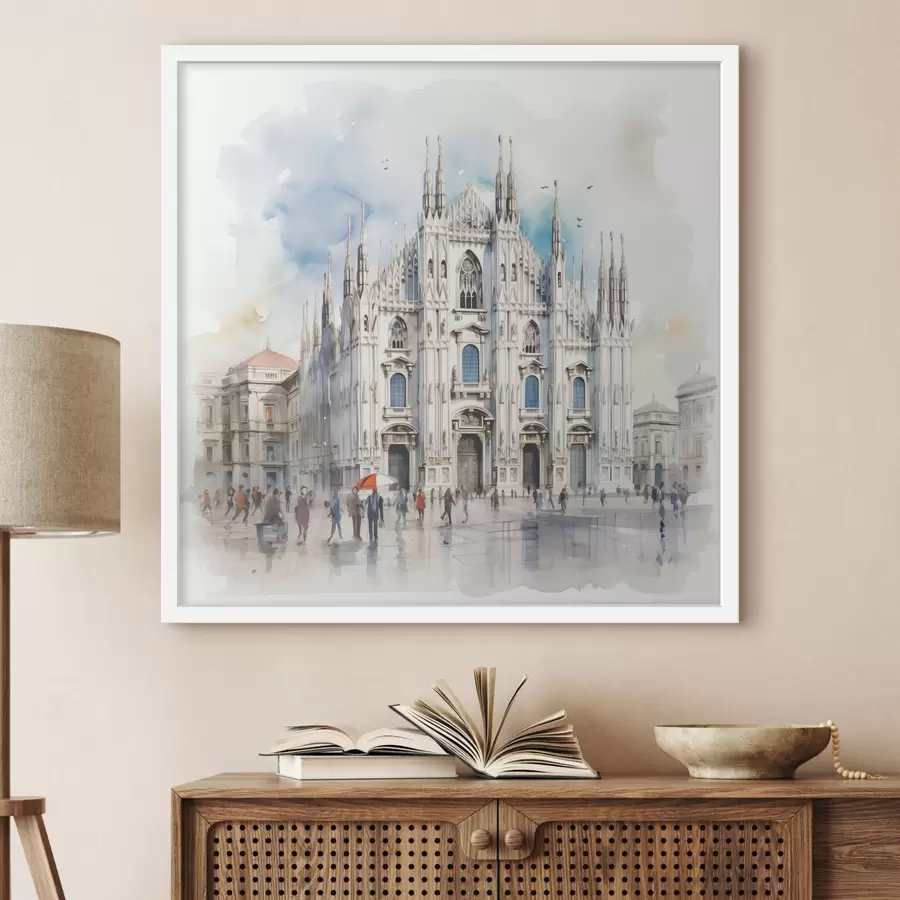 Papier peint photo Duomo de Milan, architecture, ville, pluie, aquarelle, bleu, gris, gens qui marchent f38938