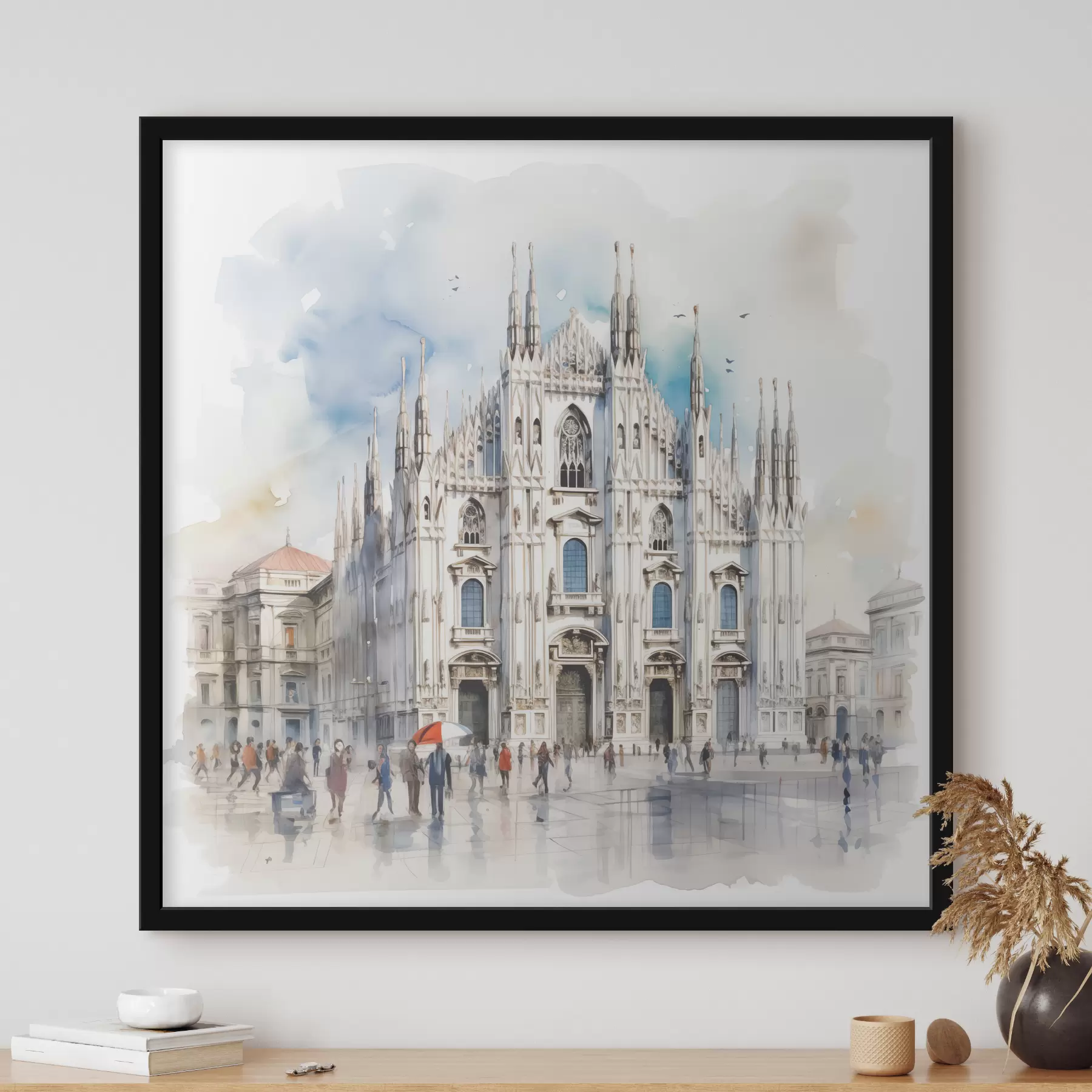  Peintures Duomo de Milan, architecture, ville, pluie, aquarelle, bleu, gris, gens qui marchent f38938