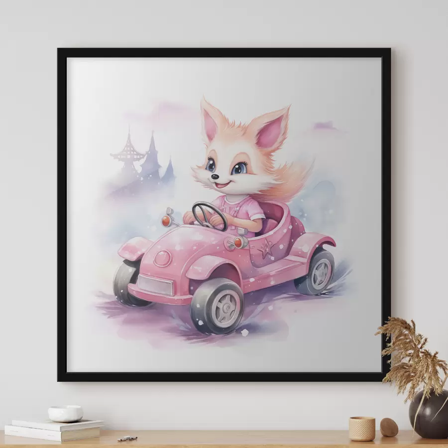 Fotobehang De kleine vos rijdt in een roze auto. Aquarel illustratie voor kinderen f38943