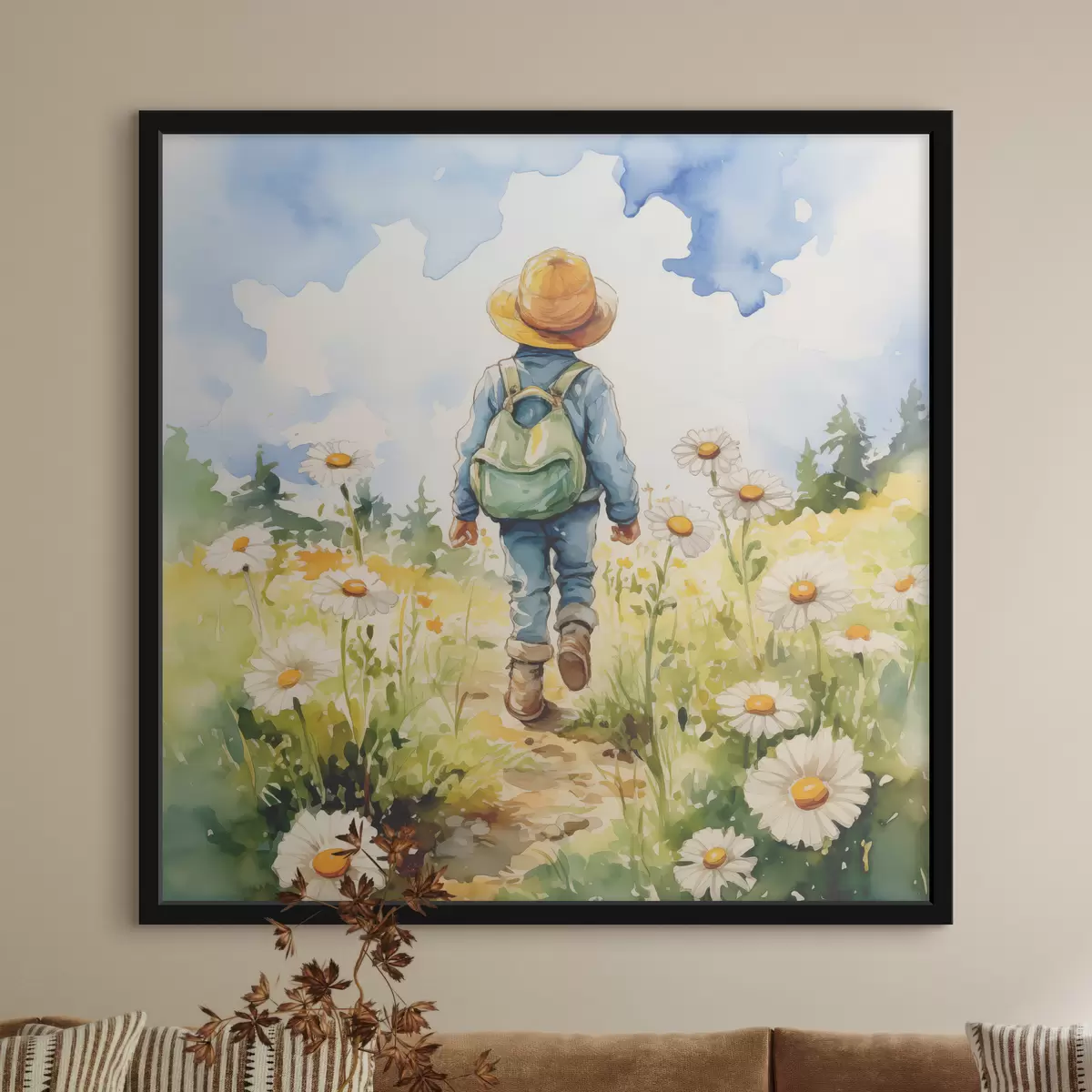 Poster Een jongen met een cowboyhoed met een groene rugzak achter zijn rug en een blauw pak loopt langs een pad in een kamilleveld, aquarel f38946