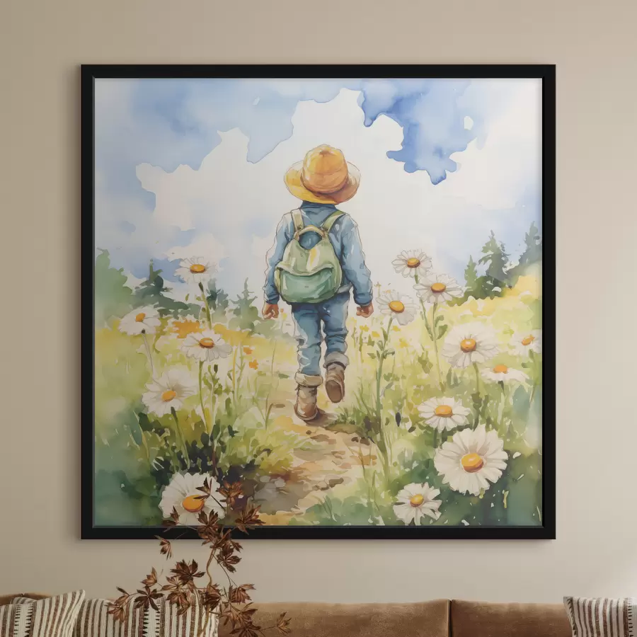 Fotobehang Een jongen met een cowboyhoed met een groene rugzak achter zijn rug en een blauw pak loopt langs een pad in een kamilleveld, aquarel f38946