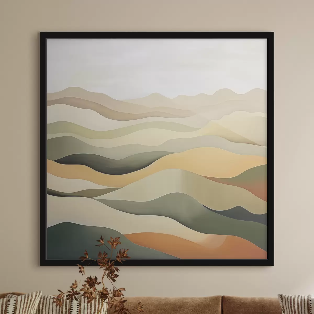 Affiche Collines, paysage abstrait, gouache, vert, ocre, sépia, gris f38952