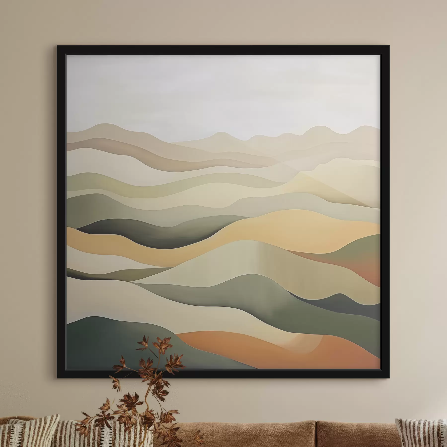  Peintures Collines, paysage abstrait, gouache, vert, ocre, sépia, gris f38952