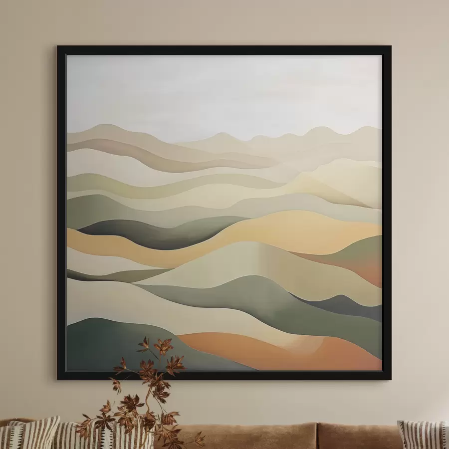 Papier peint photo Collines, paysage abstrait, gouache, vert, ocre, sépia, gris f38952