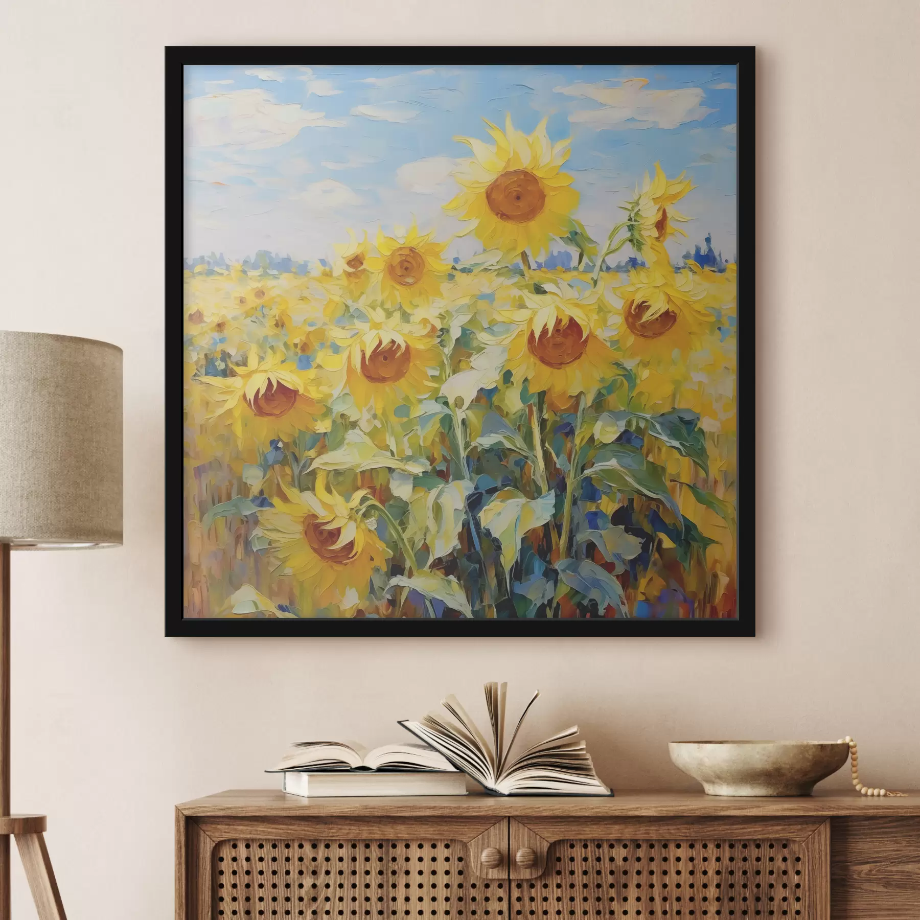 Fotobehang Zonnebloemveld olieverf, geel en blauw f38953