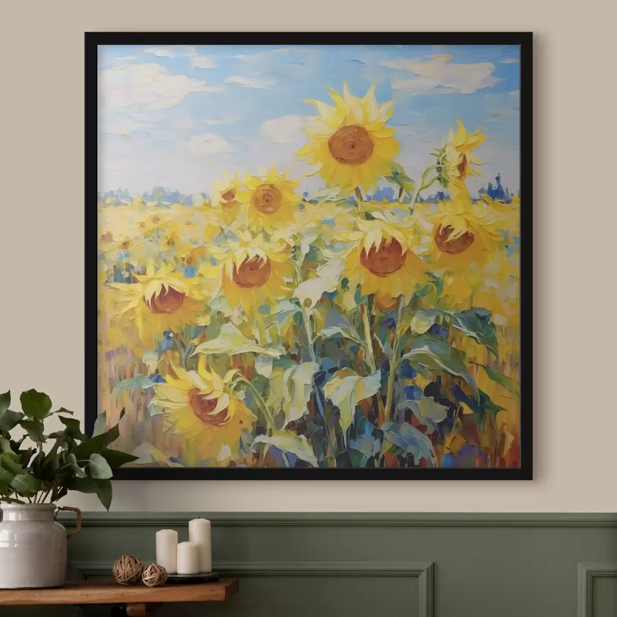 Fotobehang Zonnebloemveld olieverf, geel en blauw f38953