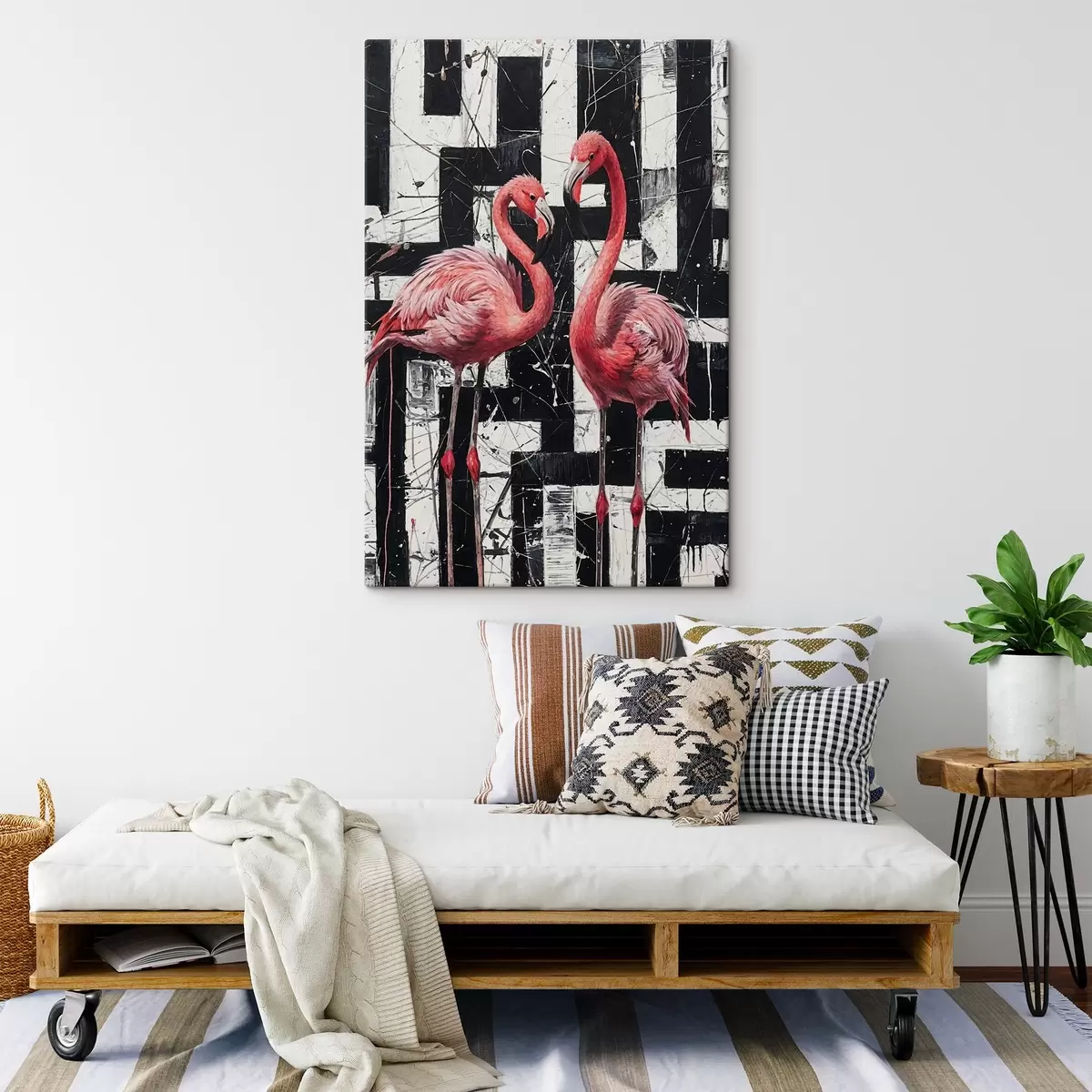  Peintures Deux flamants roses debout devant une peinture d'art de fond abstrait noir et blanc s38954