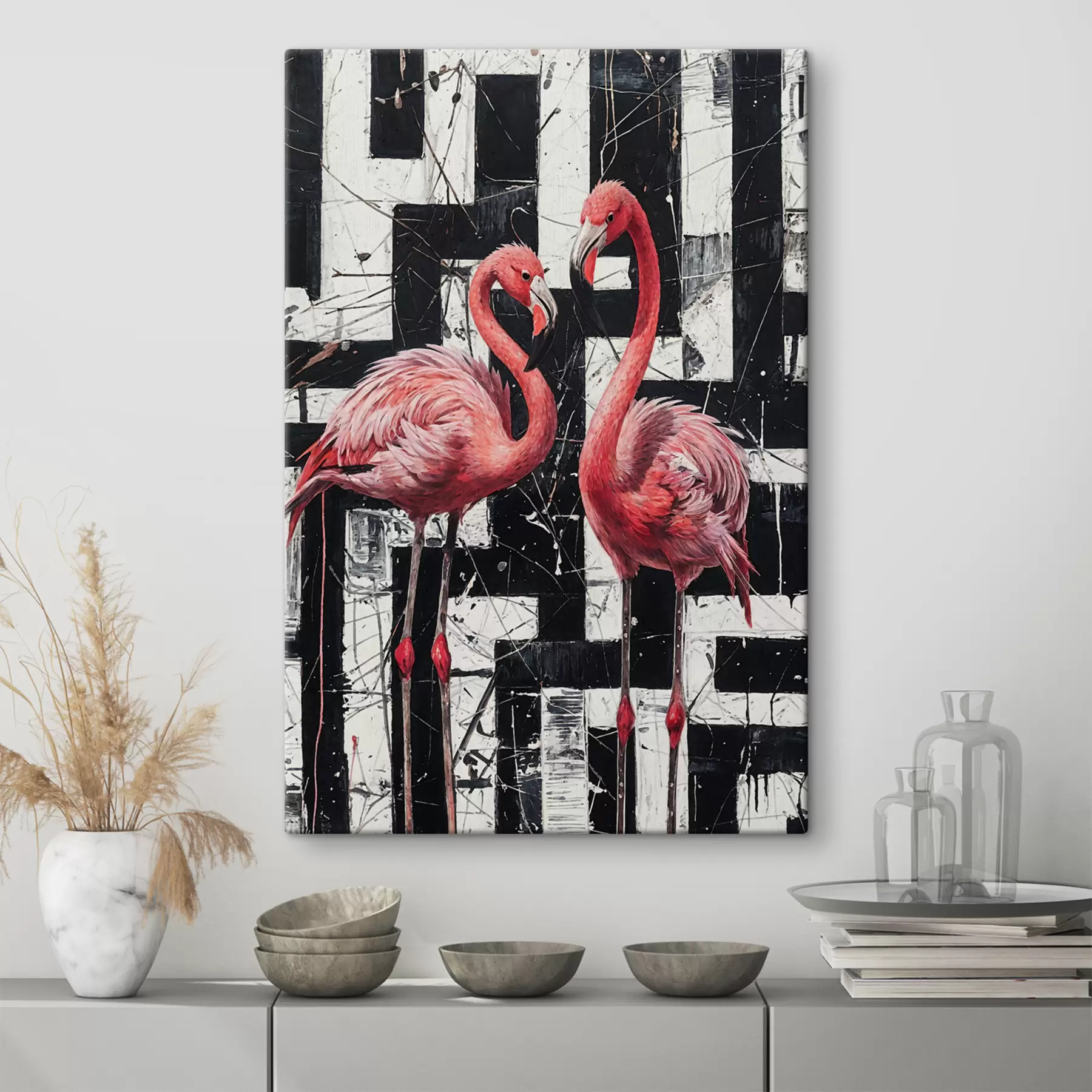 Fotobehang Twee roze flamingo's staan voor een zwart-wit abstract schilderij als achtergrond s38954