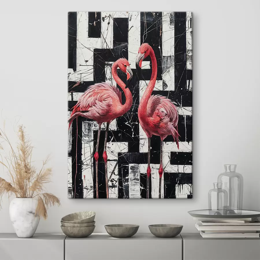 Schilderijen Twee roze flamingo's staan voor een zwart-wit abstract schilderij als achtergrond s38954