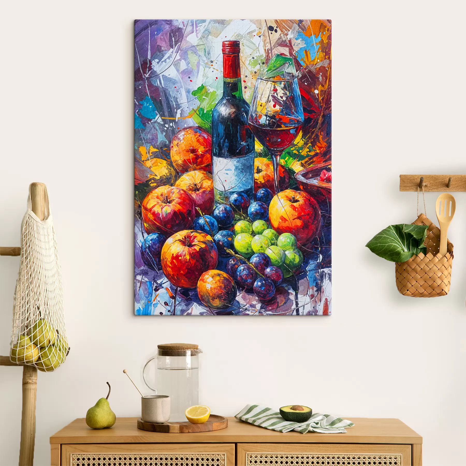 Papier peint photo Peinture abstraite de nature morte représentant une bouteille de vin, un verre de vin et des fruits colorés avec des touches de différentes couleurs s38958