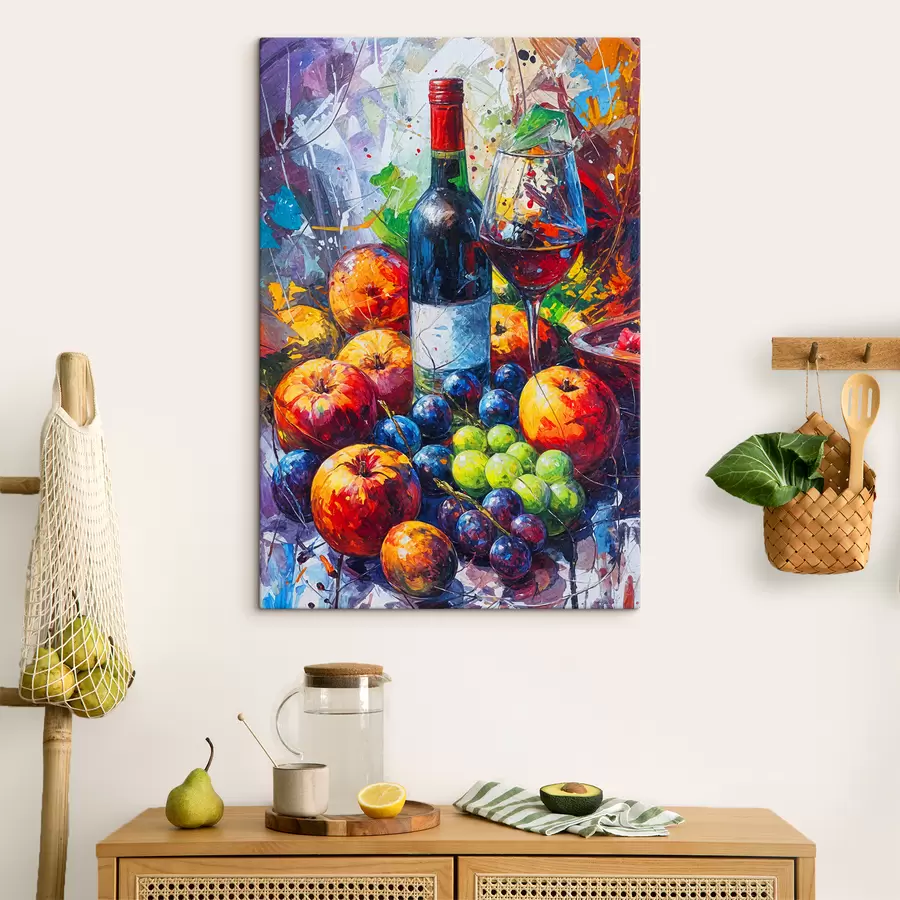 Papier peint photo Peinture abstraite de nature morte représentant une bouteille de vin, un verre de vin et des fruits colorés avec des touches de différentes couleurs s38958