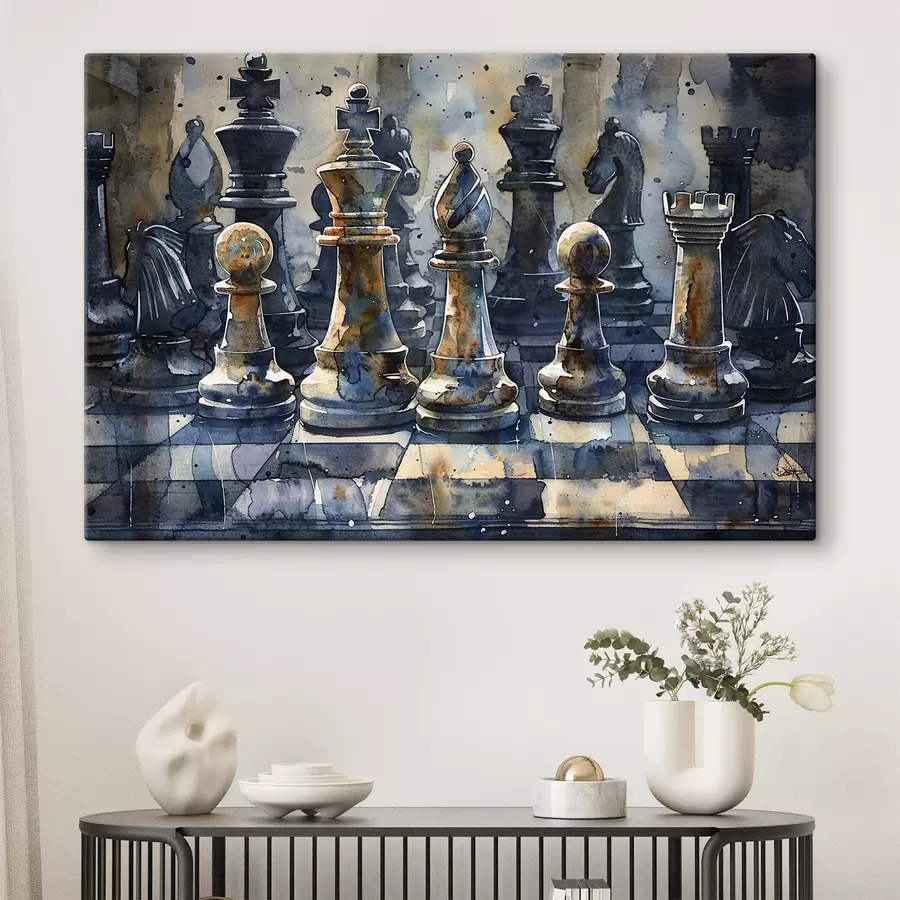  Peintures Peinture à l'aquarelle vue rapprochée d'un jeu d'échecs en métal ou en pierre, avec des dessins et des textures détaillés s38960