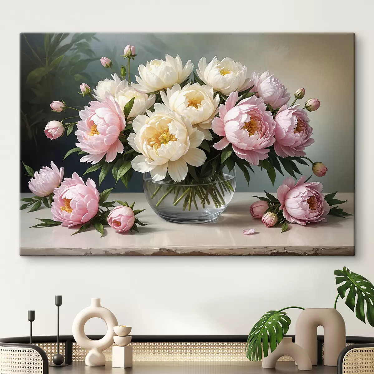  Peintures Peinture d'un bouquet de belles pivoines blanches et roses dans un vase en verre sur une table en bois s38967