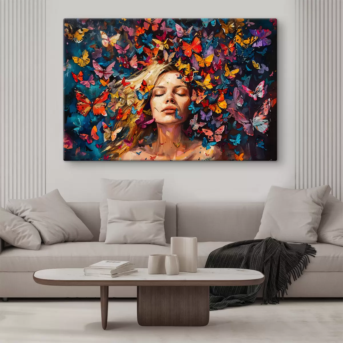  Schilderijen Olieverfschilderij van een jonge vrouw omringd door een zwerm kleurrijke vlinders tegen een donkere achtergrond s38972