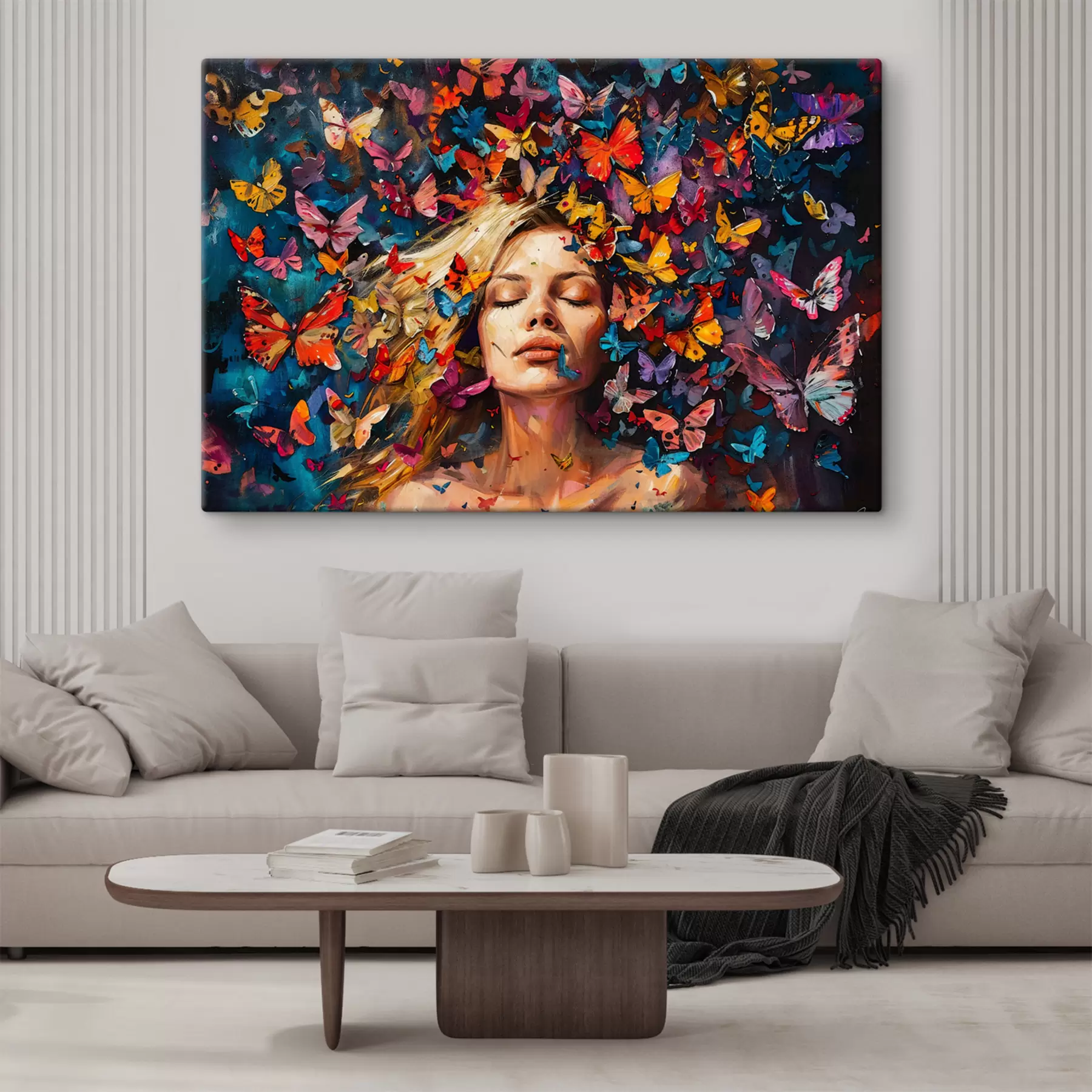 Fotobehang Olieverfschilderij van een jonge vrouw omringd door een zwerm kleurrijke vlinders tegen een donkere achtergrond s38972