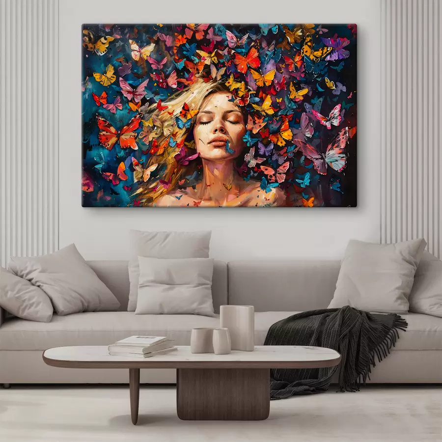  Peintures Peinture à l'huile d'une jeune femme entourée d'un essaim de papillons colorés sur fond sombre s38972