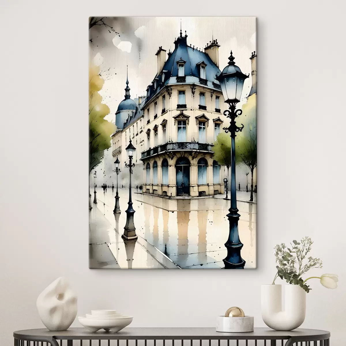  Schilderijen Waterverfschilderij van een historisch gebouw met een gebogen gevel en decoratieve architectonische elementen s38975