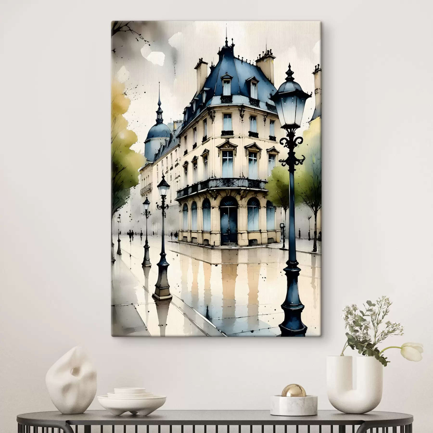 Fotobehang Waterverfschilderij van een historisch gebouw met een gebogen gevel en decoratieve architectonische elementen s38975