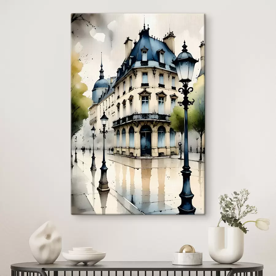  Schilderijen Waterverfschilderij van een historisch gebouw met een gebogen gevel en decoratieve architectonische elementen s38975