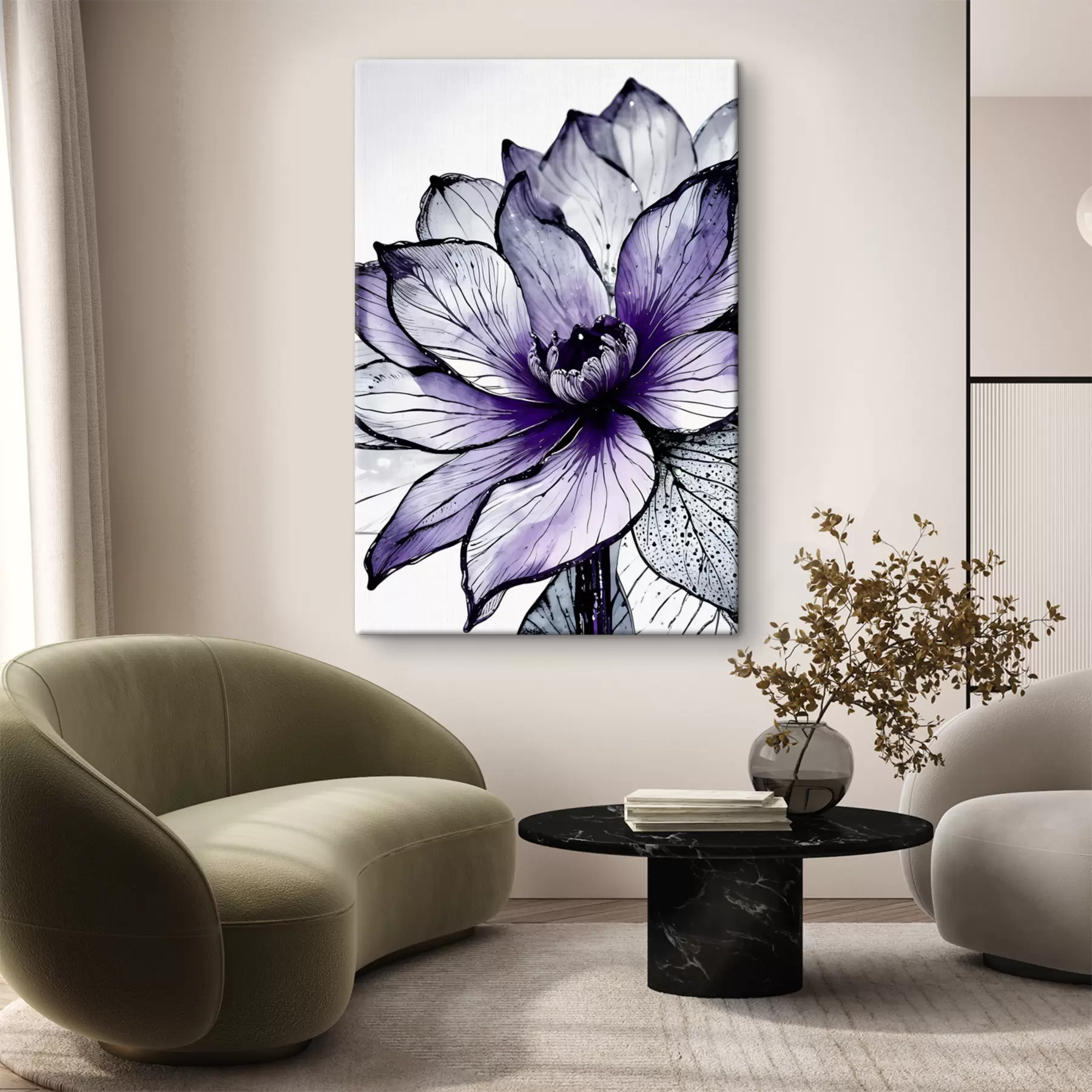  Peintures Une grande fleur violette vibrante avec des pétales délicats et complexes sur un fond sombre s38982