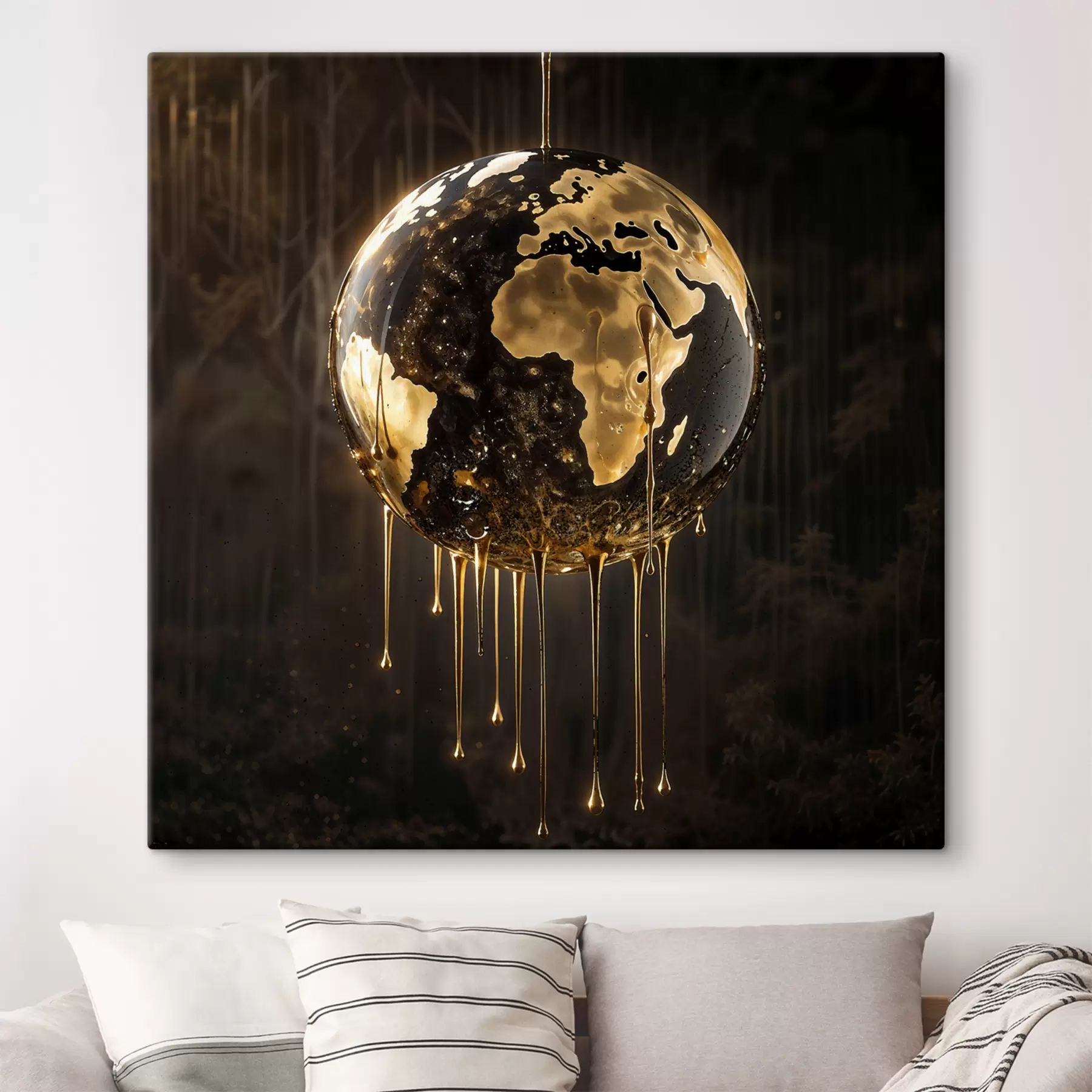  Peintures Un globe lumineux représentant la Terre entourée d'un liquide dégoulinant sur un fond sombre s38983