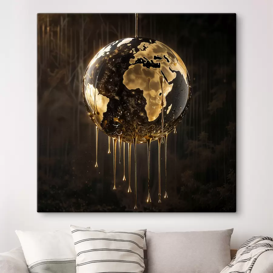  Peintures Un globe lumineux représentant la Terre entourée d'un liquide dégoulinant sur un fond sombre s38983