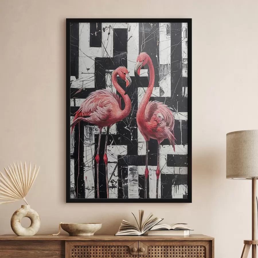 Fotobehang Twee roze flamingo's staan voor een zwart-wit abstract schilderij als achtergrond f38954