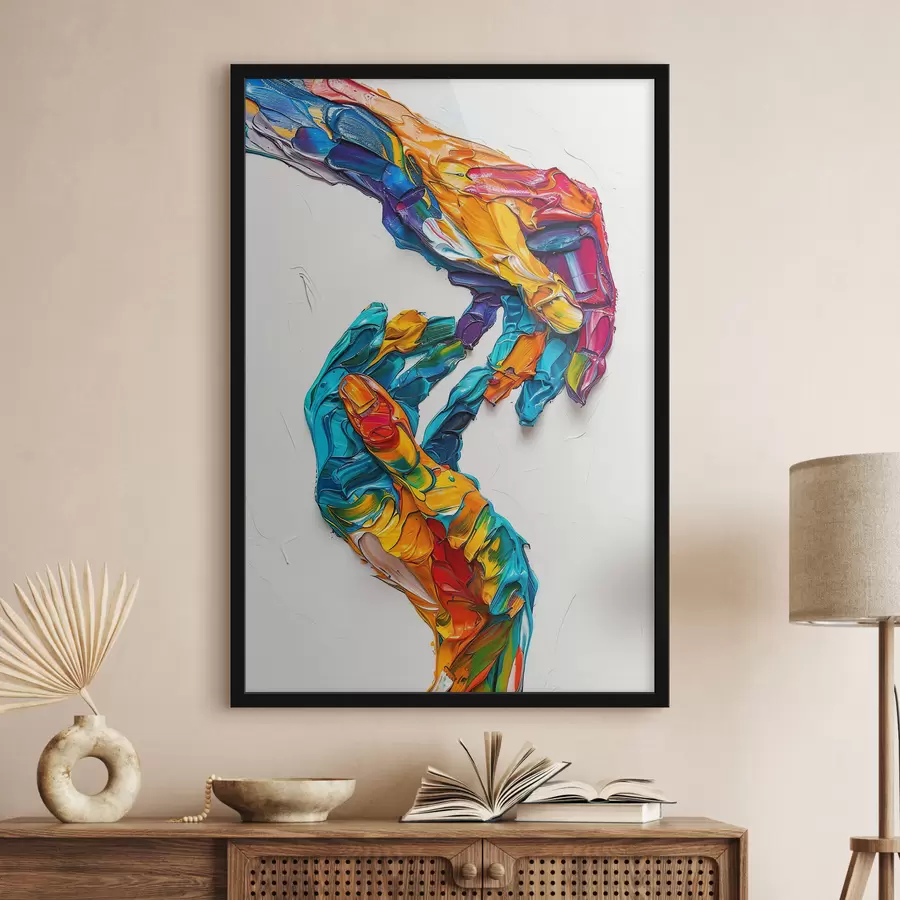 Fotobehang Kleurrijke abstracte impasto-olieverfschilderijhanden met levendige penseelstreken van blauwe, oranje, gele en rode verf f38955