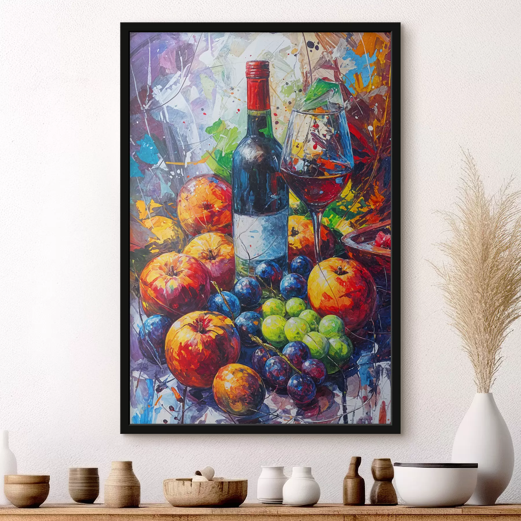  Schilderijen Abstract stilleven van een fles wijn, een glas wijn en kleurrijk fruit met spatten van verschillende kleuren f38958