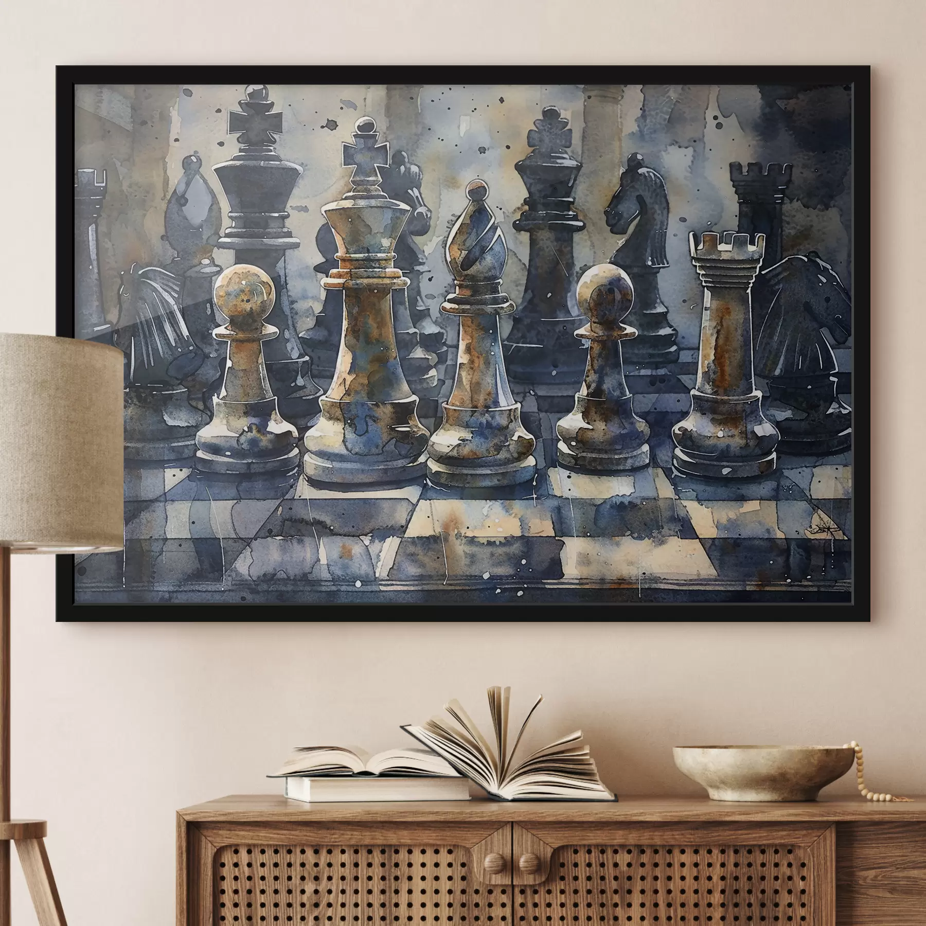  Peintures Peinture à l'aquarelle vue rapprochée d'un jeu d'échecs en métal ou en pierre, avec des dessins et des textures détaillés f38960