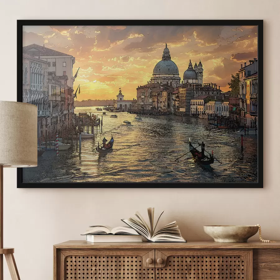 Papier peint photo Une peinture avec vue panoramique du Grand Canal à Venise, en Italie, au coucher du soleil. f38963