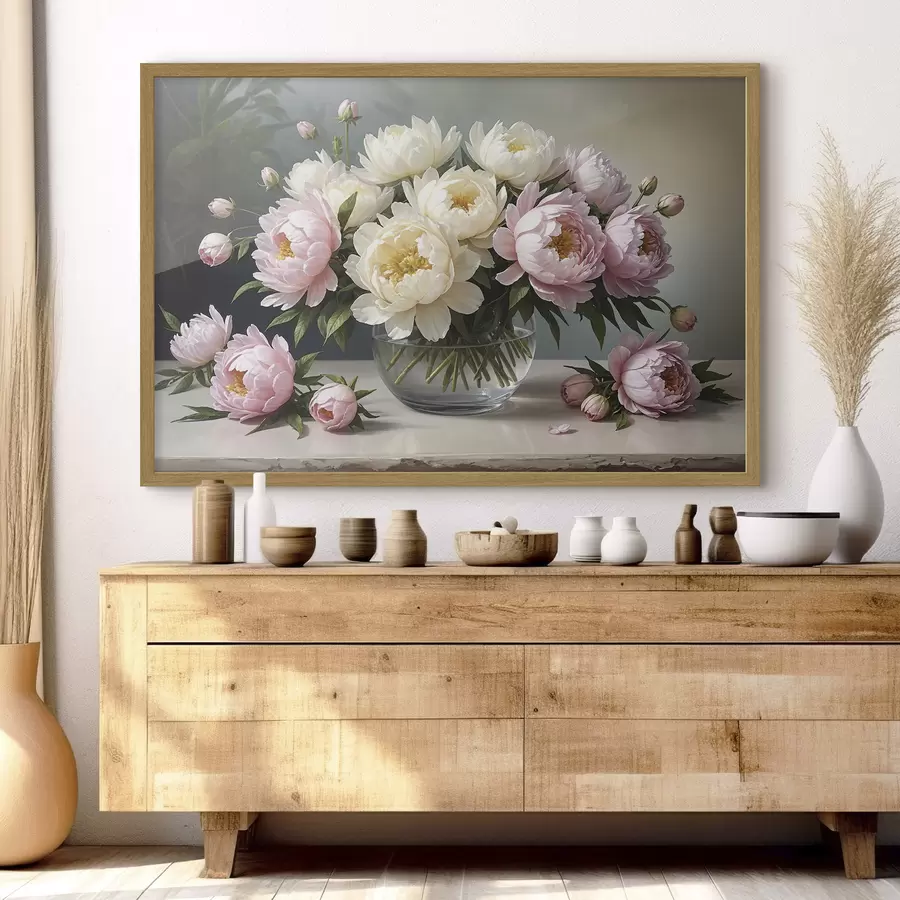 Papier peint photo Peinture d'un bouquet de belles pivoines blanches et roses dans un vase en verre sur une table en bois f38967
