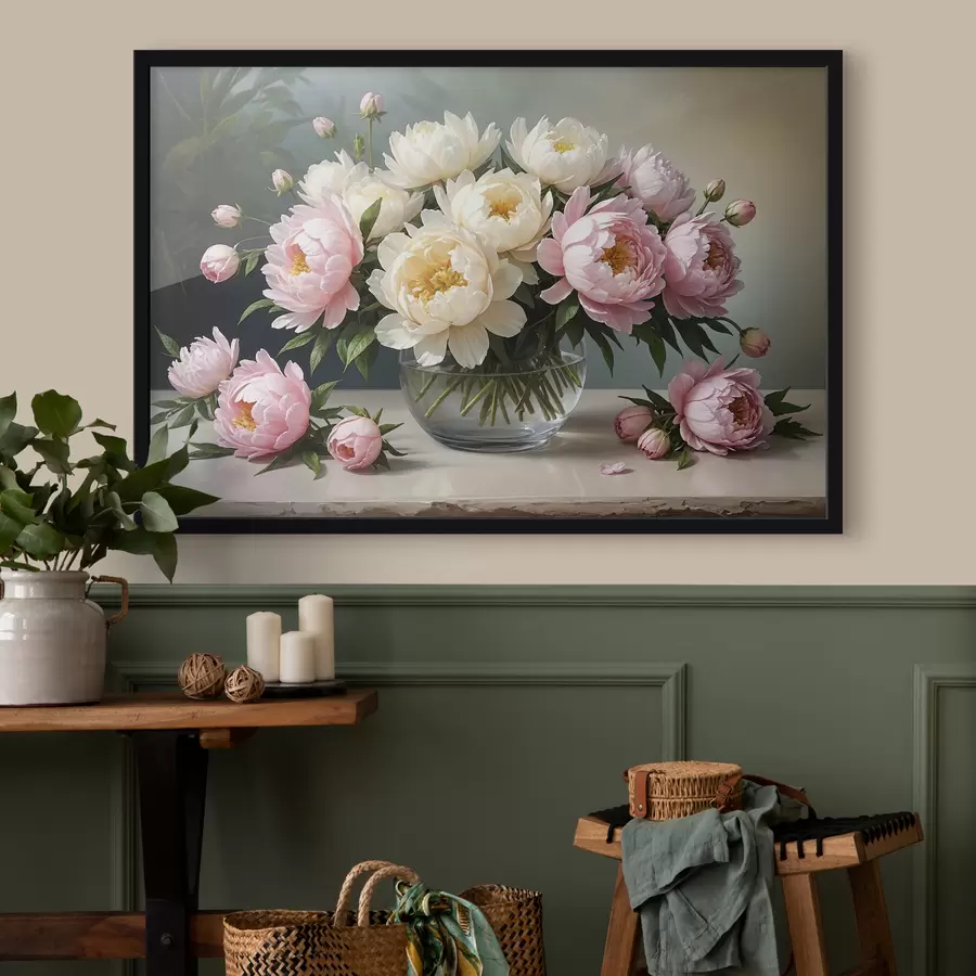 Papier peint photo Peinture d'un bouquet de belles pivoines blanches et roses dans un vase en verre sur une table en bois f38967