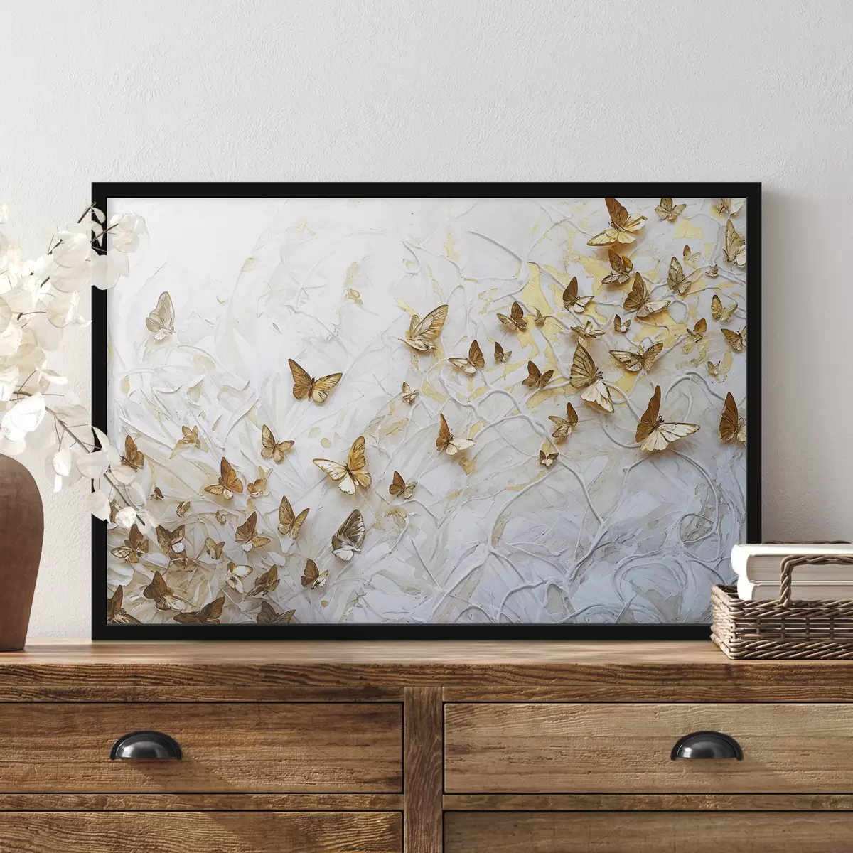 Affiche Un grand groupe de papillons sur fond blanc, créant un motif magnifique et complexe f38970