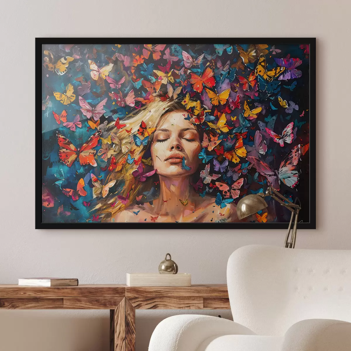 Poster Olieverfschilderij van een jonge vrouw omringd door een zwerm kleurrijke vlinders tegen een donkere achtergrond f38972