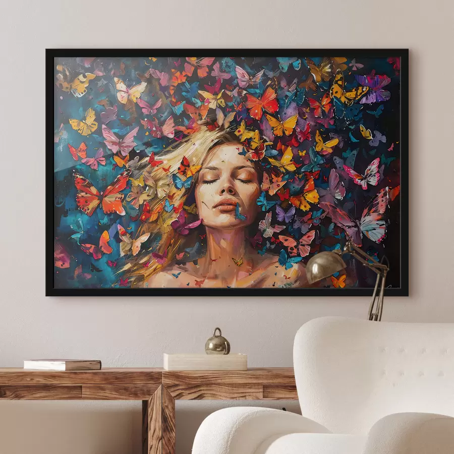 Papier peint photo Peinture à l'huile d'une jeune femme entourée d'un essaim de papillons colorés sur fond sombre f38972
