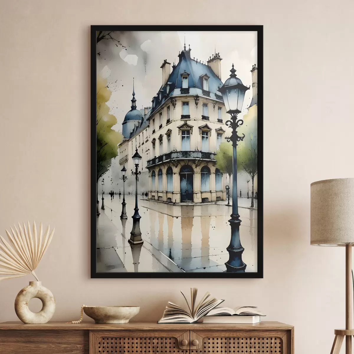 Poster Waterverfschilderij van een historisch gebouw met een gebogen gevel en decoratieve architectonische elementen f38975