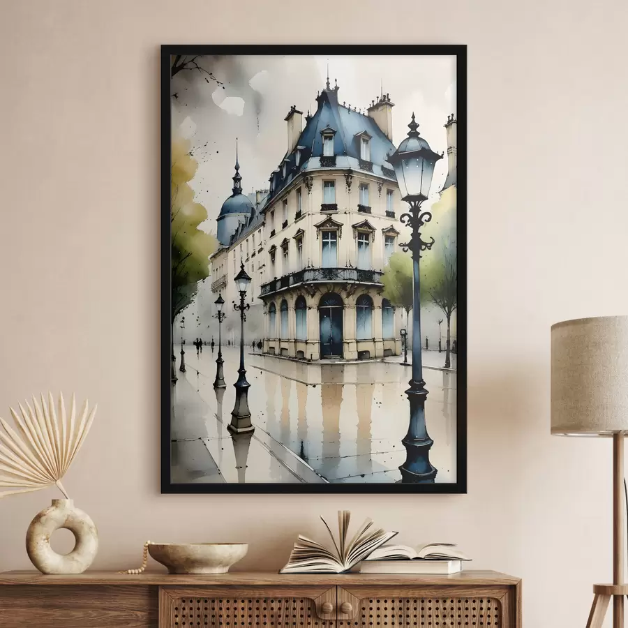 Papier peint photo Peinture à l'aquarelle d'un bâtiment historique avec une façade incurvée et des éléments architecturaux décoratifs f38975