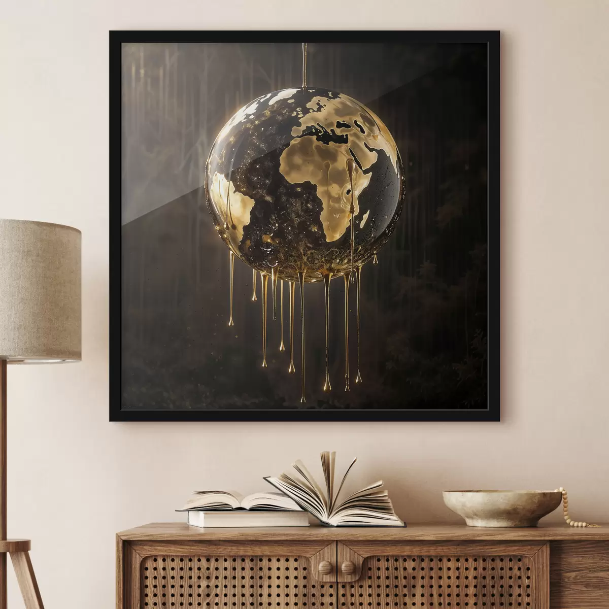 Affiche Une boule incandescente représentant la Terre entourée d'un liquide dégoulinant sur un fond sombre f38983