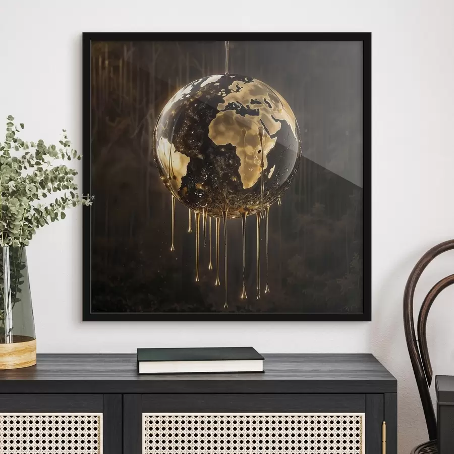 Fotobehang Een gloeiende bol die de aarde voorstelt, omringd door druipende vloeistof op een donkere achtergrond f38983