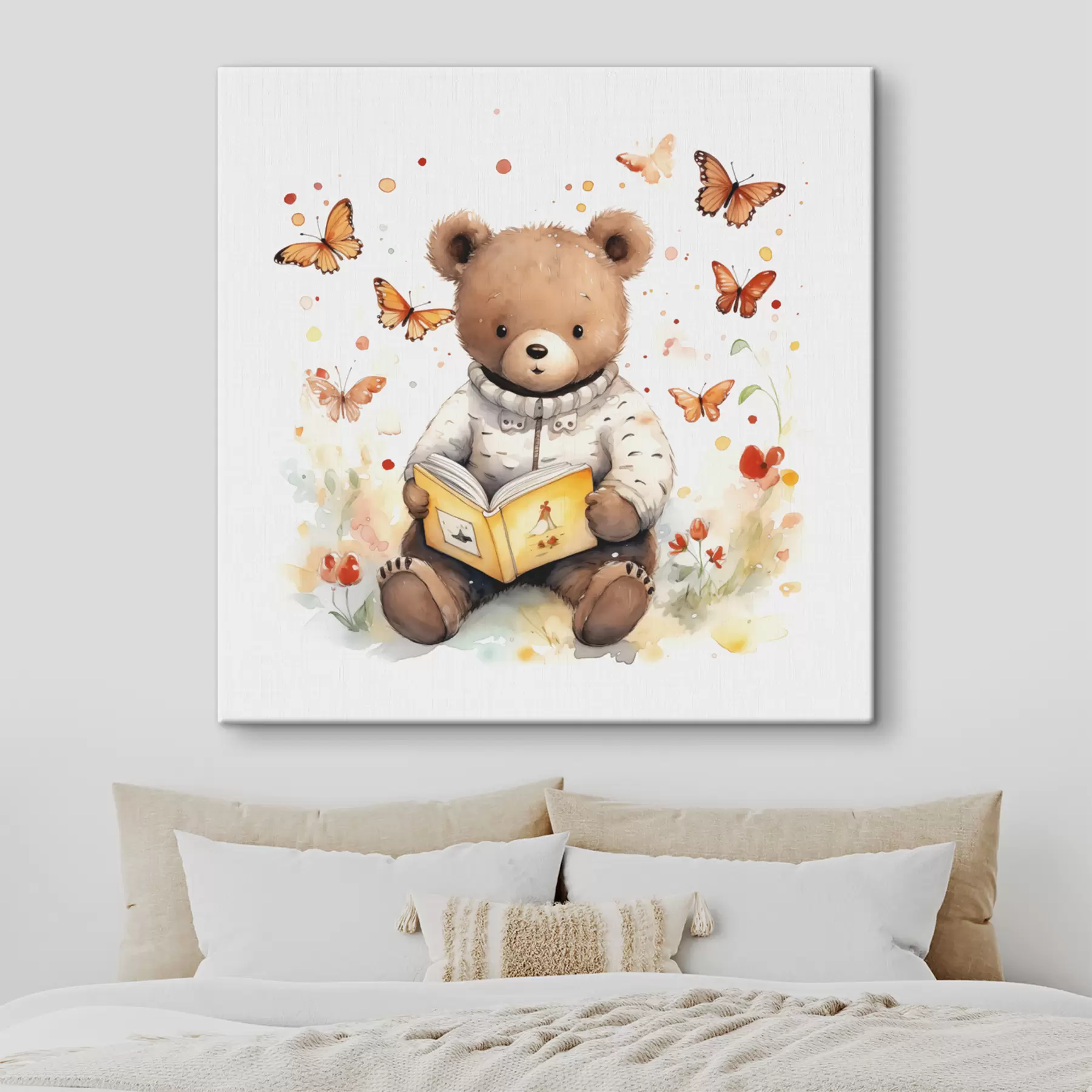 Papier peint photo Ourson brun dans un pull lit un livre entouré de papillons aquarelles s39025