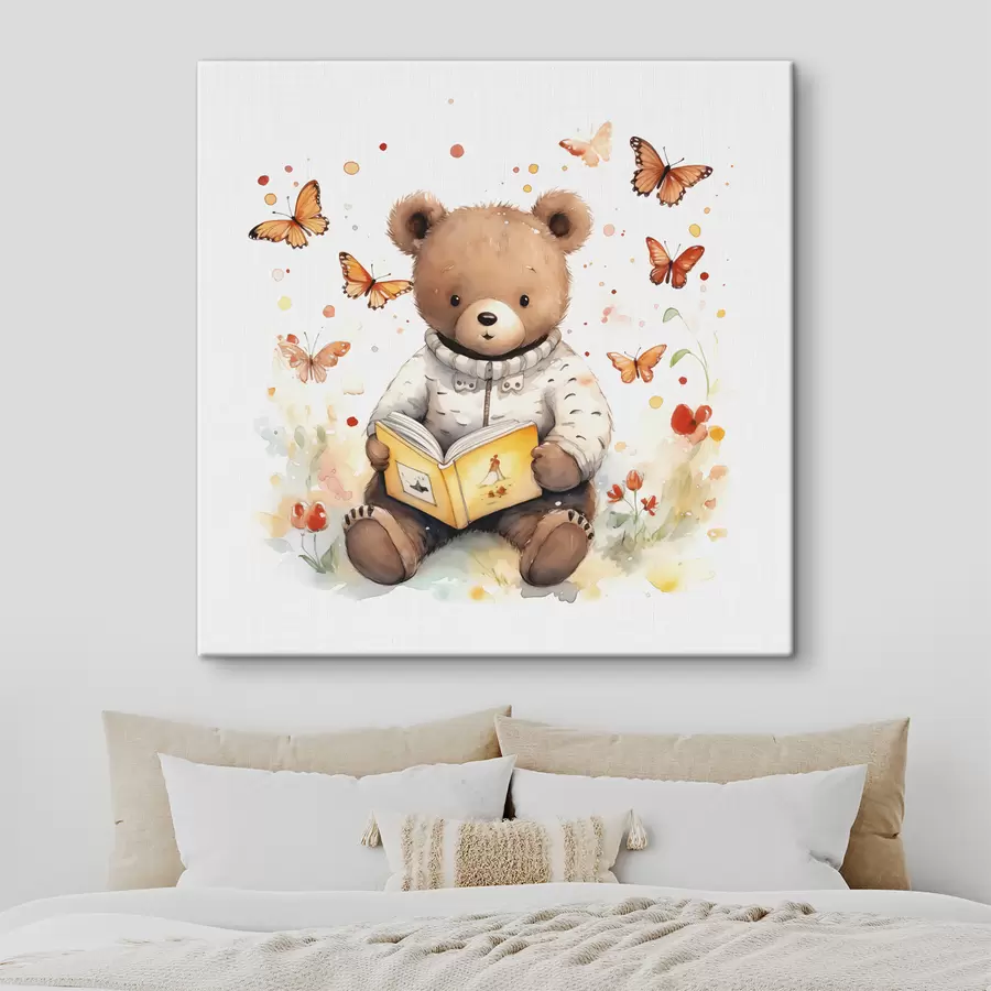  Peintures Ourson brun dans un pull lit un livre entouré de papillons aquarelles s39025